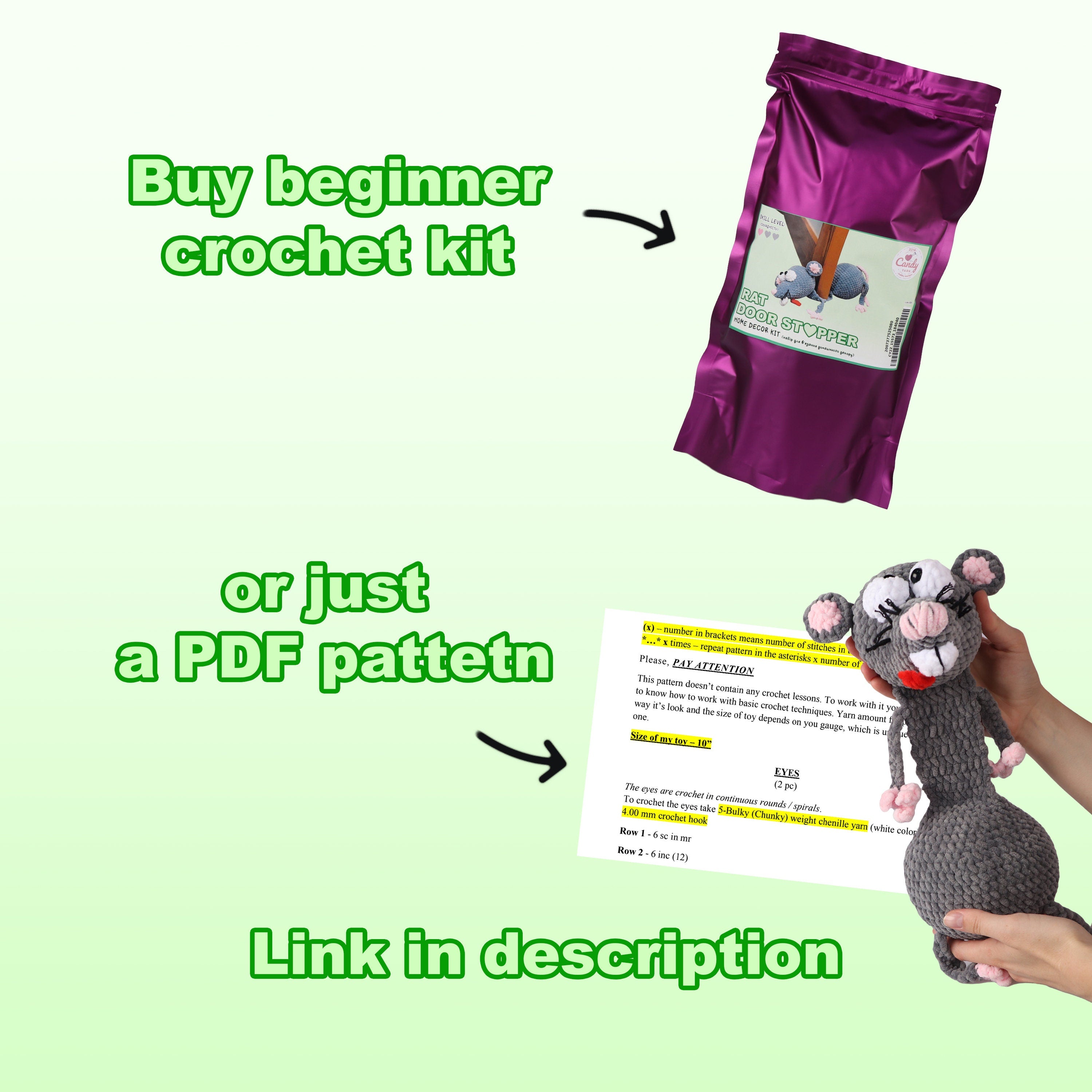 Crochet Kit RAT DOOR STOPPER + Pdf Pattern, Amigurumi Rat Door Stop, Learn How To Crochet Kit, Amigurumi Mouse, Diy Craft Kit Gift Door Stop