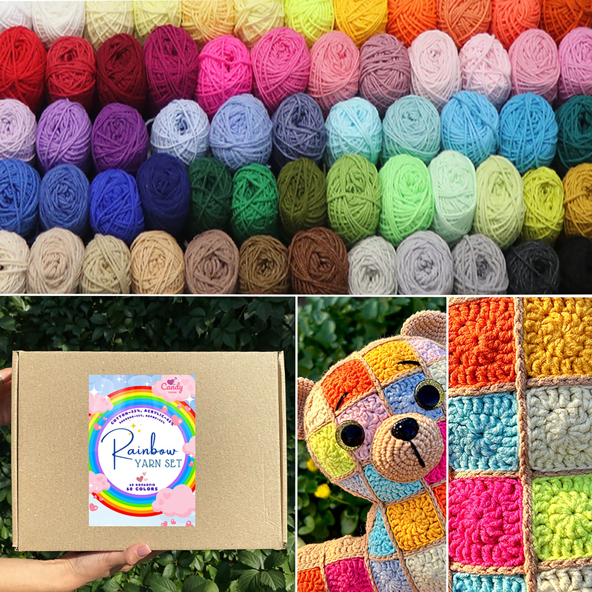 Rainbow YARN SET 60x12g Cotton Blend Yarn Mini Skeins 2280 Yards Total, Amigurumi Yarn Set, Granny Square Kit, Sport Weight Fine Yarn Kit