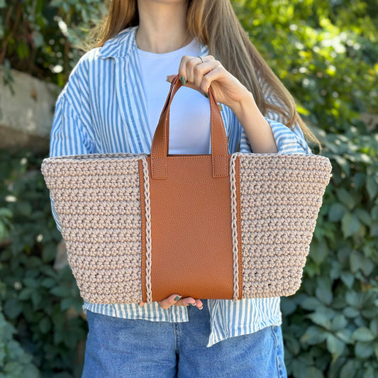 EASY Crochet BAG Pattern With Leather Inserts, Crochet Tote Bag Pattern, Crochet handbag pattern, Summer Crochet