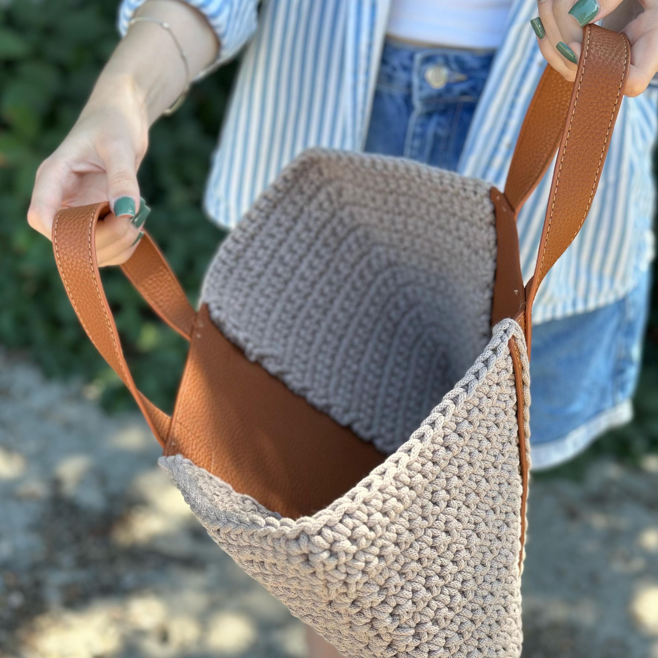 EASY Crochet BAG Pattern With Leather Inserts, Crochet Tote Bag Pattern, Crochet handbag pattern, Summer Crochet