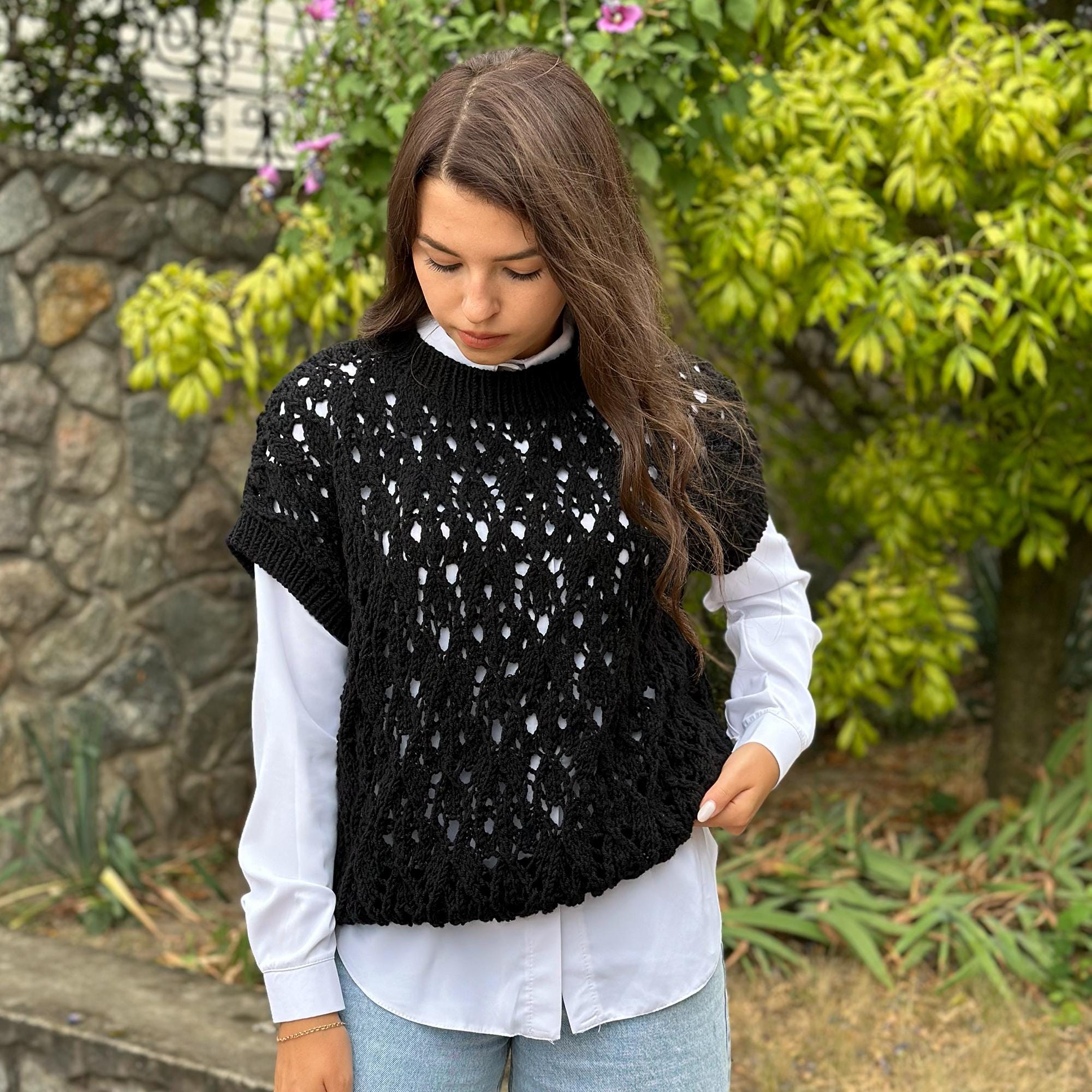 Lace KNITTING VEST Pattern, Easy Knitting Vest Sweater, Lace Vest Knit Pattern, Oversized Sweater Knit Pattern, English Knitting Pattern