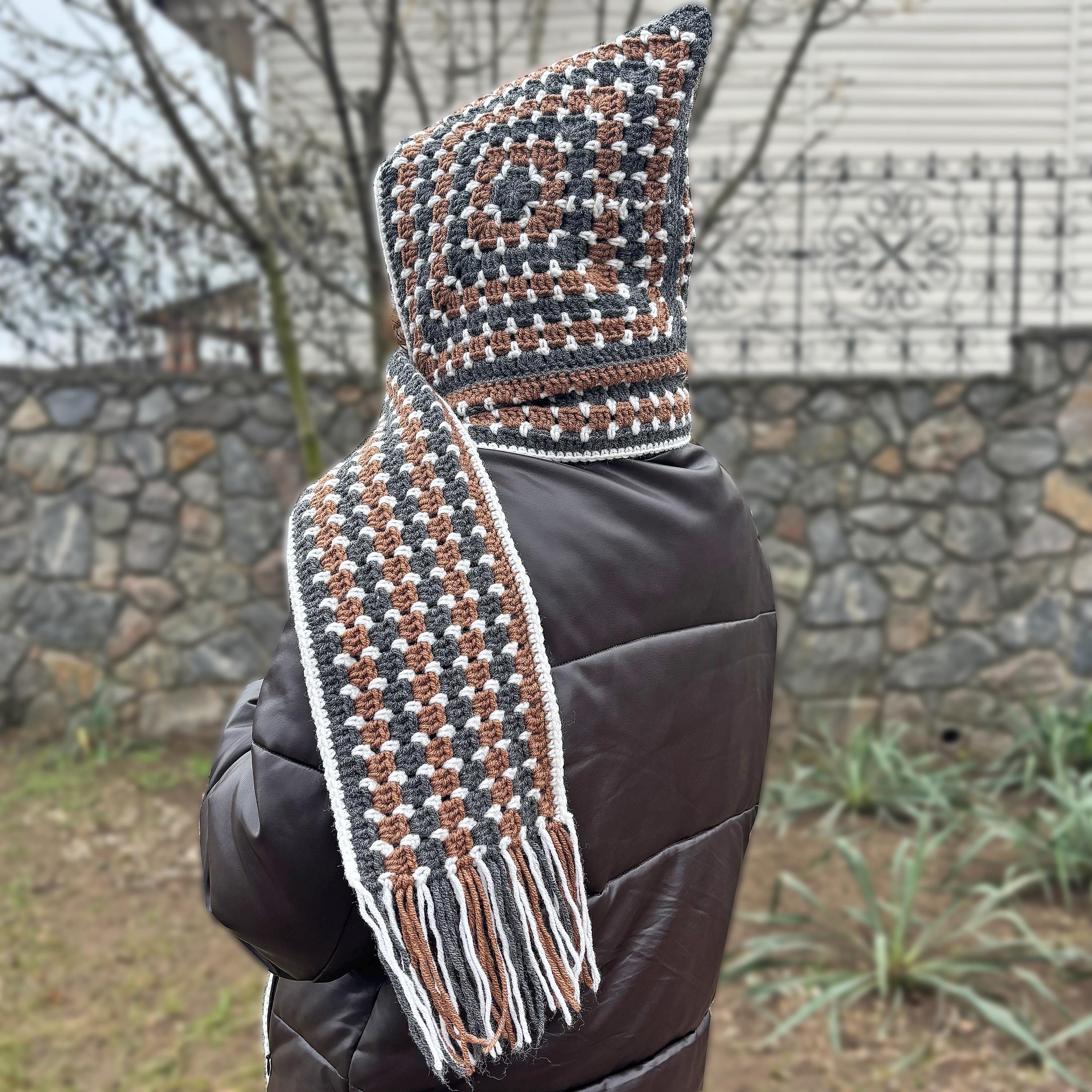 Crochet Scoodie Pattern, PDF Crochet Scarf with Hood Pattern, Granny Square Crochet Pattern Striped Scoodie Crochet Scoodie Instant Download