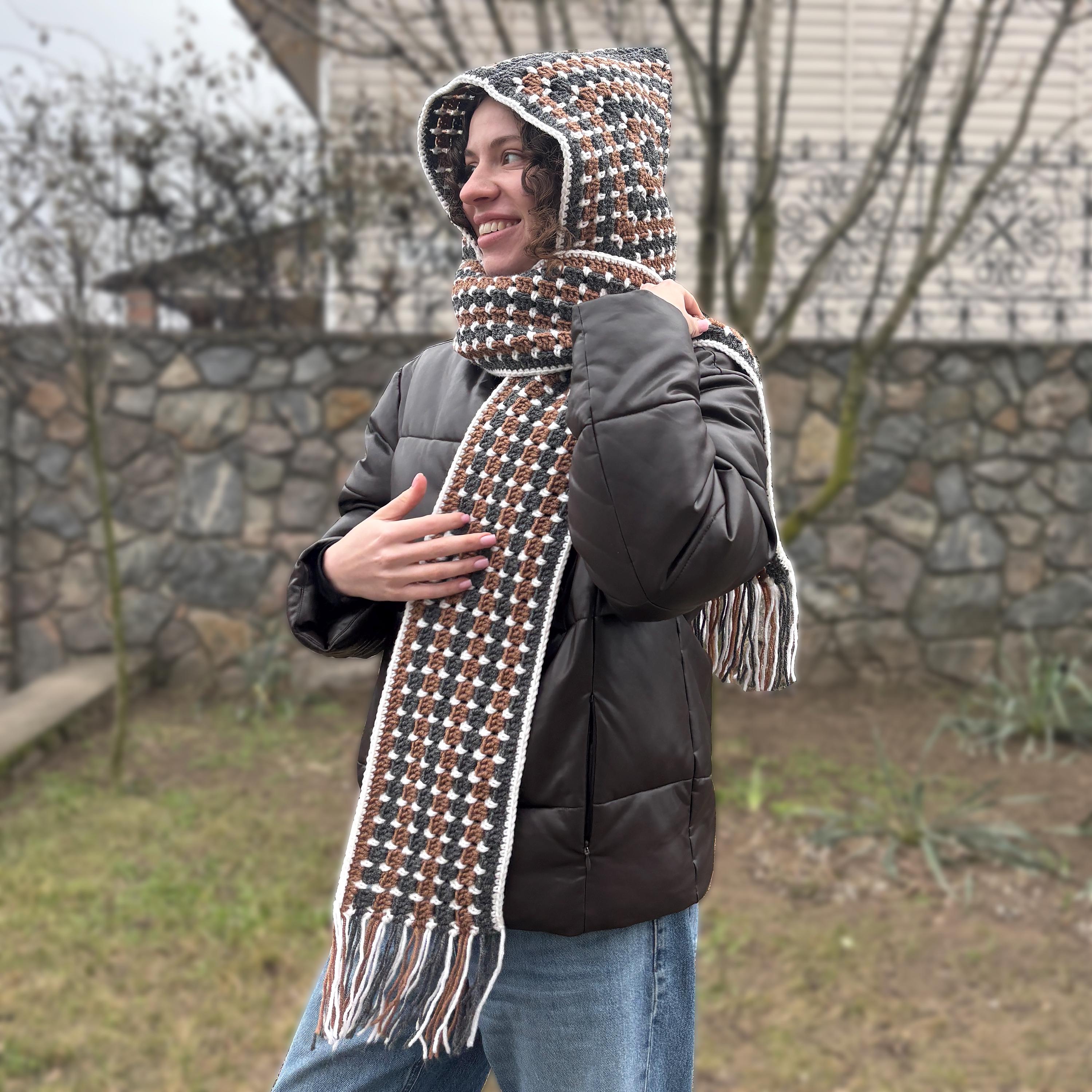 Crochet Scoodie Pattern, PDF Crochet Scarf with Hood Pattern, Granny Square Crochet Pattern Striped Scoodie Crochet Scoodie Instant Download