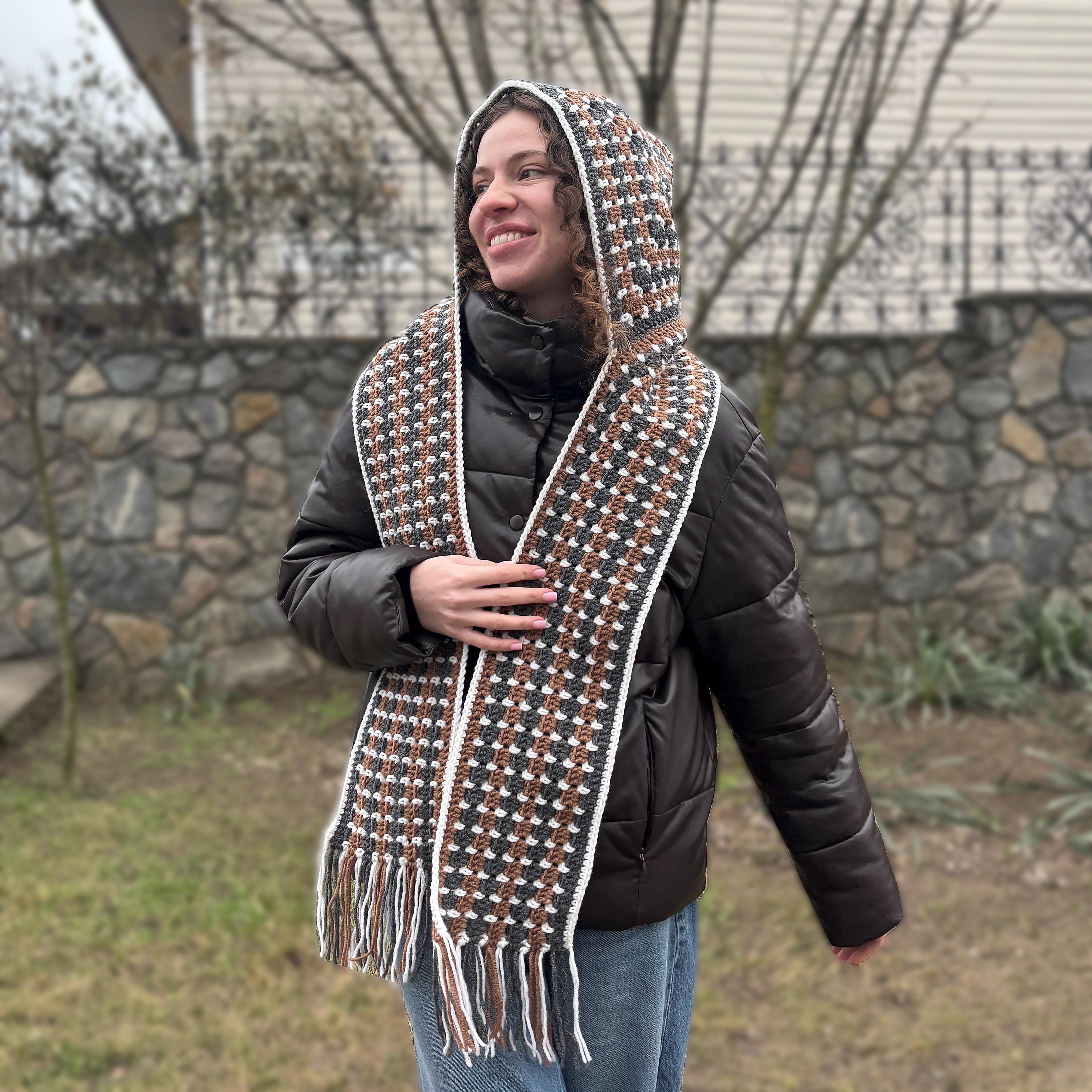 Crochet Scoodie Pattern, PDF Crochet Scarf with Hood Pattern, Granny Square Crochet Pattern Striped Scoodie Crochet Scoodie Instant Download