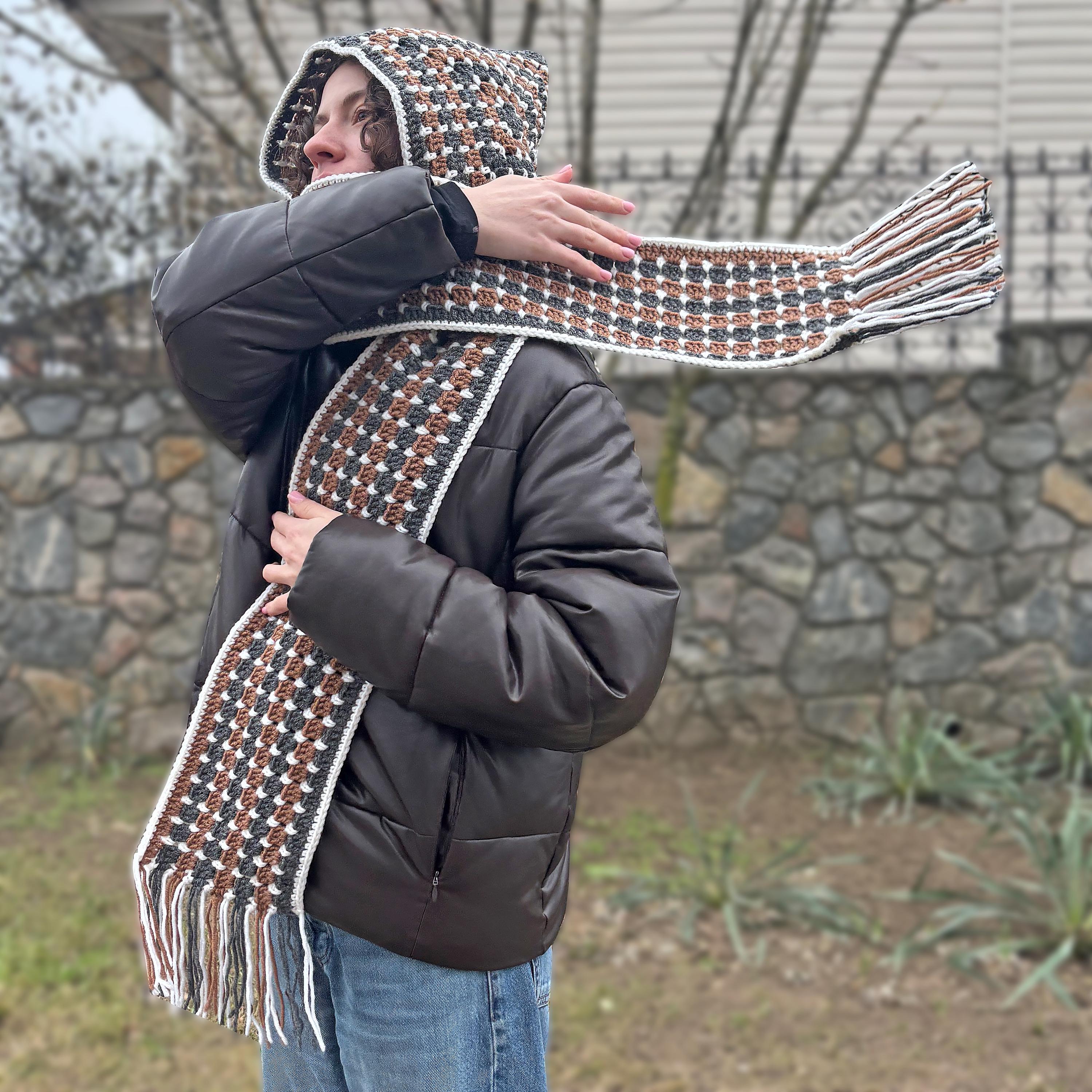 Crochet Scoodie Pattern, PDF Crochet Scarf with Hood Pattern, Granny Square Crochet Pattern Striped Scoodie Crochet Scoodie Instant Download